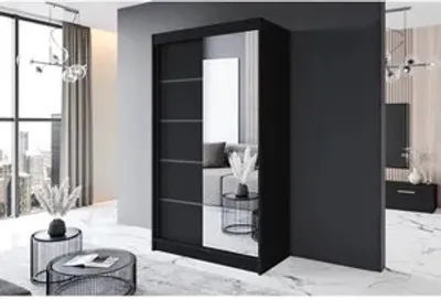 Produktbild von Easy4You P3 120 cm Schwarz Schiebetüren Kleiderschrank 120x200x58 cm mit Spiegel - Schlafzimmermöbel, Aufbewahrung - Mehrzweckschrank