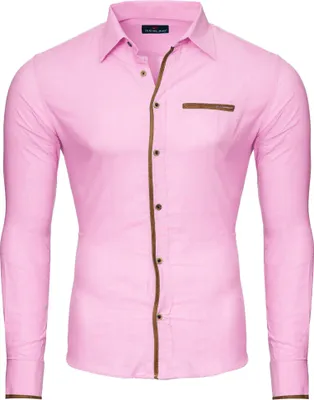 Produktbild von Reslad Herren Hemd Patched Leinen Look Langarmhemd RS-7214 Rosa 2XL