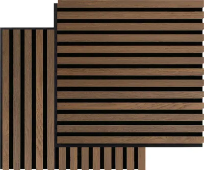 Two acoustic panels with a slatted wood design against a white background.