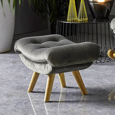 Produktbild von Moderner Fußhocker und Sitzpouf mit Holzbeinen, gepolsterter Samt-Hocker als bequeme Fußstütze für Wohnzimmer und Schlafzimmer, Grün, 60x35x30cm(24x14x12inch)