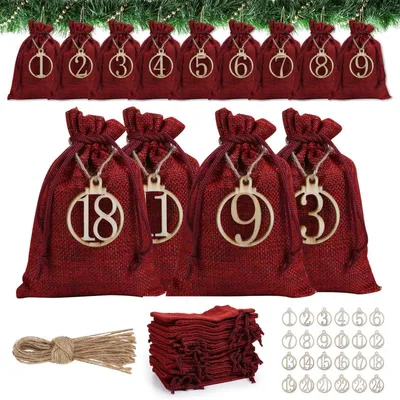 Immagine prodotto di Calendario dell'Avvento da riempire, 24 sacchetti con decorazioni in legno, tessuto, calendario di Natale fai-da-te
