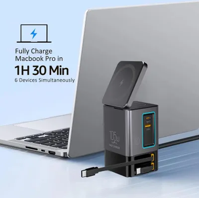 Produktbild von 105 W Dual-Ladegerät mit einziehbarem Kabel und mehreren Anschlüssen für den Schreibtisch, 2-in-1-Wireless-Ladegerät, C-Port-Blindstecker, 65 W
