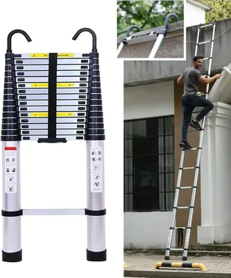 Image de Échelle télescopique - Échelle extensible - Longueur maximale : 6,2 m - 15 échelons - Charge maximale : 150 kg - Aluminium - Pieds antidérapants - Crochets amovibles