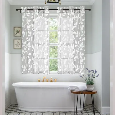 Image de Rideau de fenêtre gris clair pour salle de bain, avec œillets, motif de feuilles