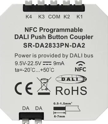 Produktbild von SR-DA2833PN-DA2 DALI-2 Tasterkoppler – 4-Kanal Eingabemodul für Taster und Bewegungsmelder, NFC-programmierbar