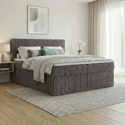 Produktbild von Boxspringbett RALF 200 x 200 cm mit Bettkasten, Topper und gepolstertem Kopfteil. Farbe: Grau, Härtegraden: H4 , Topper: Visco-Topper
