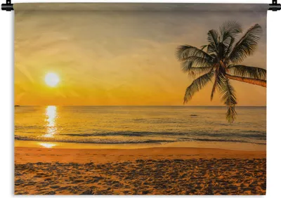 Produktbild von MuchoWow® Wandteppich Wandbehang Palme - Strand - Sonnenuntergang - Meer 90x67.5 cm Tapisserie Dekoration Wandtuch - Fototeppich - Wand-Skulpturen