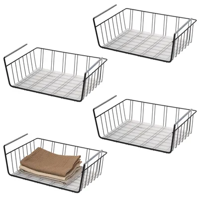 Produktbild von eluno Schrankkörbe 4er Set inklusive Einlegeböden und Kratzschutz, Aufbewahrungskorb Organizer für Küche, Speisekammer, Büro, Bücherregal, Schrank, Schränke, Badezimmer, Unterregal, schwarz