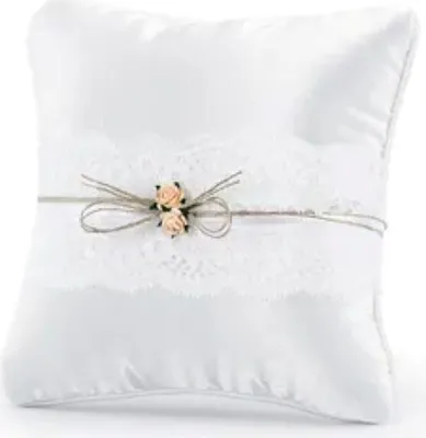 Produktbild von Ringkissen Hochzeit mit Spitze Rosen und Juteschleife 16x16cm weiß
