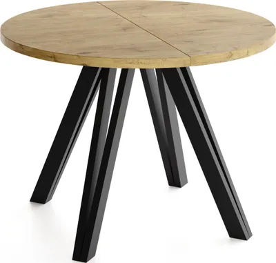 Produktbild von Runder Esstisch Ausziehbar 100–180 cm mit Schwarzen Holzbeinen aus Buchenholz – Moderner Ausziehtisch für Esszimmer, Küche und Wohnzimmer – Tisch für 4–8 Personen – Eiche Hell Braun