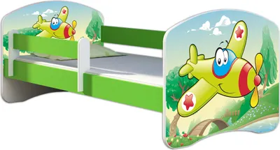 Produktbild von ACMA Jugendbett Kinderbett Junior-Bett Komplett-Set mit Matratze Lattenrost und Rausfallschutz Grün 29 Flugzeug 180x80