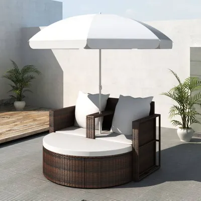 Immagine prodotto di Lettino da giardino con ombrellone in poly rattan marrone