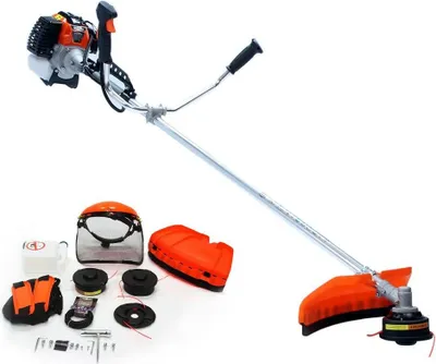 A brush cutter and its accessories are laid out on a white background.