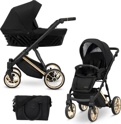 Produktbild von Kinderwagen IVENTO Sportwagen Babywagen Babyschale Komplettset Kinder Wagen Set 2 in 1 (Deep Black, Rahmenfarbe: Gold)