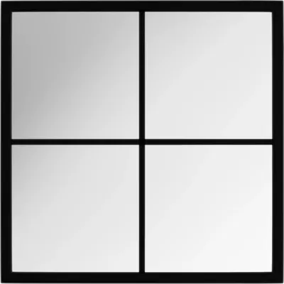 A square mirror divided into four equal sections by black metal frames.