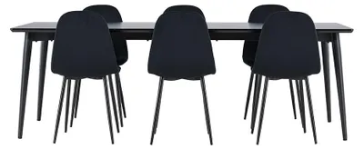 Productafbeelding van Ellis eethoek tafel 85x230cm en 6 velours stoelen zwart.
