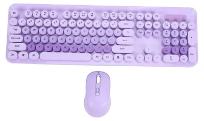 Obrázek produktu pro Bezdrátová roztomilá klávesnice a myš, 104 kláves, styl psacího stroje, kulaté retro klávesy pro PC, notebook, stolní počítač, fialová