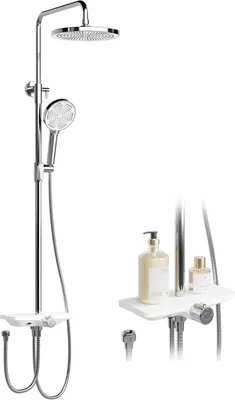 Immagine prodotto di Sistema doccia - Set per montaggio a parete - Doccia a pioggia - Regolabile in altezza - Acciaio inossidabile - Con ripiano - Senza rubinetteria - Cromo