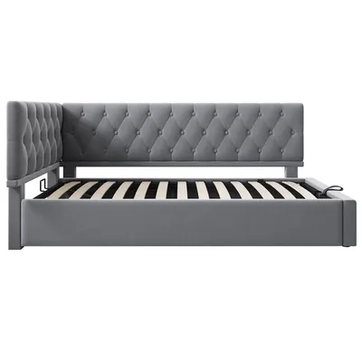 Produktbild von Flieks Polsterbett 90x200cm mit Stauraum, Tagesbett Schlafsofa mit Verstellbarem Kopfteil, Daybett Kinderbett Jugendbett mit Lattenrost, Samt, Grau