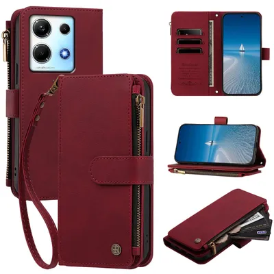 Produktbild von Handyhülle für Infinix Note 30 4G/Note 30 5G, Leder Klapphülle mit Kartenfächern, Reißverschlussfach und Handschlaufe Rot