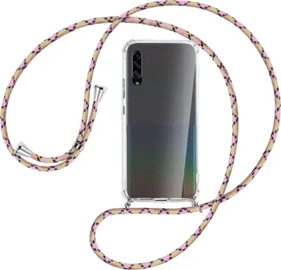Produktbild von Handykette Backcover-Schutzhülle mit Band (Metall silberfarben) für Samsung Galaxy A90 5G - rosa Karo