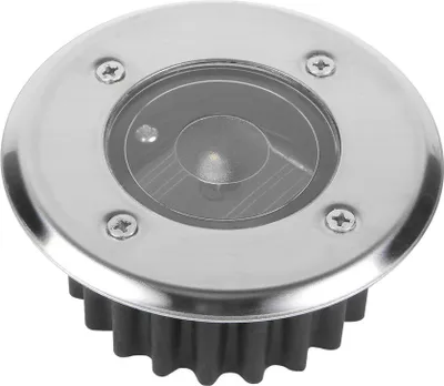 A single solar-powered ground light with a stainless steel top and a black ribbed base.