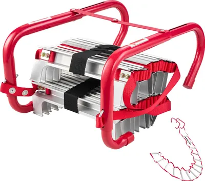A red and silver emergency ladder is shown against a white background.