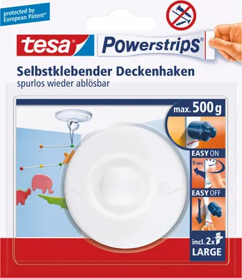 Produktbild von tesa Klebehaken Deckenhaken selbstklebend mit Powerstrips, wiederverwendbar