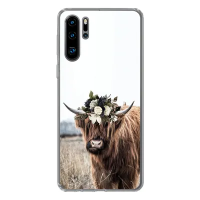 Produktbild von MuchoWow® Handyhülle Schutzhülle Hülle für Huawei P30 Pro Schottischer Highlander - Blumen - Tiere Silikon Softcase Handy Hülle - Schutzdeckel