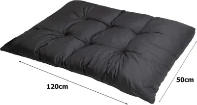 A dark gray cushion is shown from a slightly elevated angle, with dimensions indicated by lines and text.