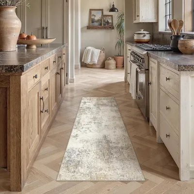 Immagine prodotto di Tappeto per corridoio, dimensioni 60x180 cm, motivo astratto, beige e marrone, pelo corto, lavabile, antiscivolo