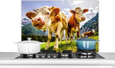 Produktbild von KitchenYeah®  Spritzschutz Küche - Küchenrückwand - Wandschutz für Herd und Spüle - Kühe - Berge - Gras - Landschaft - Alpen 90x60 - Alu-Dibond (Alternative zum Spritzschutz aus Glas) - Hitzebeständig