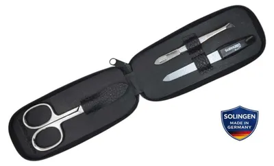 Produktbild von Maniküre-Etui mit Solingen Instrumenten – Nagelschere, Pinzette & Saphirfeile – Echtleder Dollaro Leder – Germany Schwarz