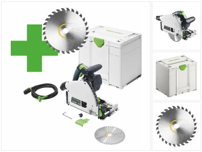 A collage of images showing a Festool plunge-cut saw, its accessories, and storage cases.