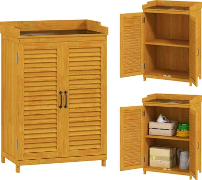 Produktbild von Outsunny Gartenschrank Holz, Geräteschuppen mit Arbeitsfläche, wetterfest Geräteschrank, 65,5x40x98,5cm, Gerätehaus mit Lamellentür, Ablagen, Werkzeugschrank Gartenschuppen für Garten, Terrasse, Gelb