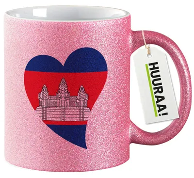 Produktbild von Huuraa Glitzertasse Kambodscha Flagge Herz 330ml Pink Keramik Kaffeebecher Geschenkidee