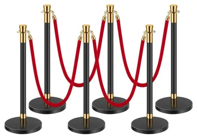 Produktbild von VEVOR Absperrpfosten, 6 Stück Menschenmengen-Kontrollbarriere mit 4 schwarzen Samtseilen, 5 Fuß Edelstahl-Absperrpfosten mit sandgefülltem Hohlfuß für Theater, Party, Hochzeit, Ausstellung, Schwarz, Rote Samt