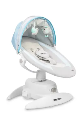 A baby bouncer seat with a canopy and hanging toys, shown on a white background.