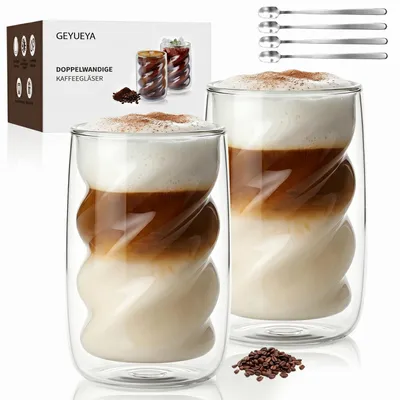 Obrázek produktu pro Sklenice na Latte Macchiato, objem 350 ml, dvouplášťové, s lžičkami, sada 2 kusů, vyrobené z borosilikátového skla