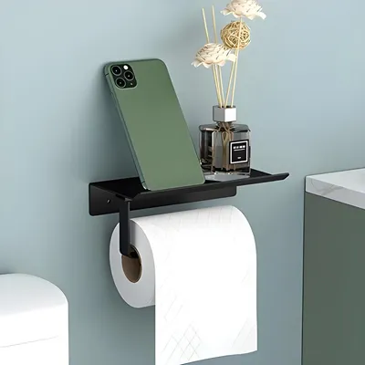 Produktbild von PolkaHome® Toiletpapierhalter aus Aluminium, multifunktionales Regal mit Ablage, schwarz, 18 x 6 x 2 cm