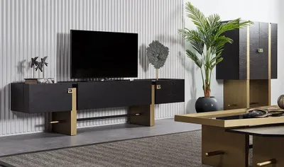 Obrázok produktu pre Čierny drevený TV stolík, 3 zásuvky, moderný, voľne stojaci