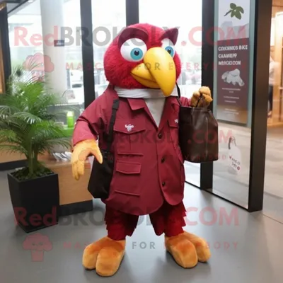 Produktbild von Kastanienbrauner REDBROKOLY Papagei als Maskottchen kostüm gekleidet in einen Regenmantel und Aktentaschen
