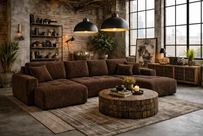 Image de Canapé d'angle avec fonction couchage et coffre de rangement, forme en U, mod?le Ivo U XL, tissu velours côtelé Poso, marron