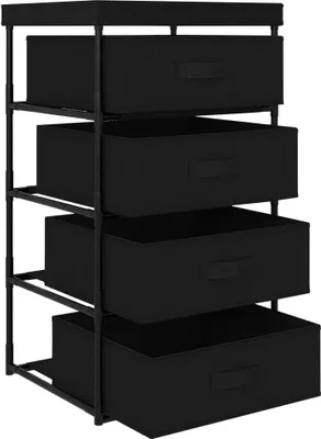 A black fabric storage unit with four drawers on a white background.