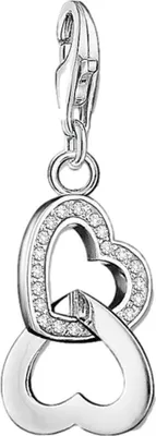 A silver charm pendant with two intertwined hearts, one encrusted with small diamonds, attached to a clasp.