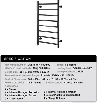 Produktbild von Handtuchwärmer, einstellbare Temperatur, integrierter Timer, Schwarz 8stangen