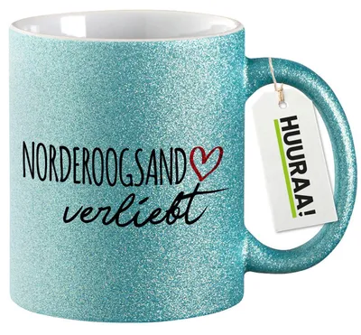 Produktbild von Huuraa Glitzertasse Norderoogsand verliebt 330ml Blau Keramik Kaffeebecher Geschenkidee