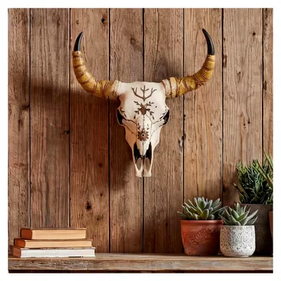 Produktbild von Deko Schädel aus Polyresin, Longhorn Kopf Trophäe mit Verzierung, für Innen- und Außenbereich 41cm