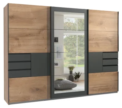 Obrázek produktu pro Skříň s posuvnými dveřmi, šatní skříň 270 cm, zrcadlo, zásuvky, Imitace grafitový dub / 22503