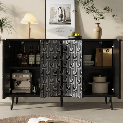 Zdjęcie produktu dla Szafka do jadalni, wzór w jodełkę, solidna konstrukcja, zabawne przegrody, 120×35×78 cm, czarna